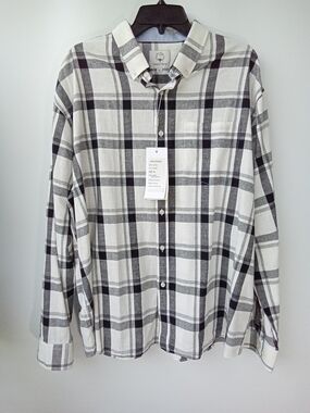 Mocotono Men's Plaid Button Down Long Sleeve Cotton Shirt Cream XL NWT